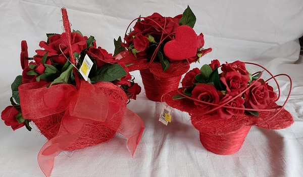 Valentines Day Silk Basket of Red Roses £9.99 with handle £12.99 each 