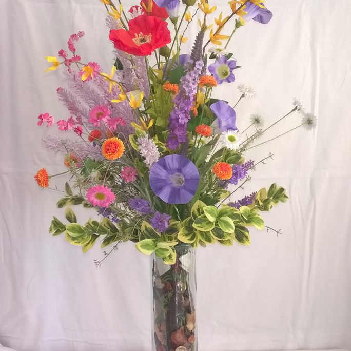 Cottage Garden Silk Flower Arrangement in Glass Vase 