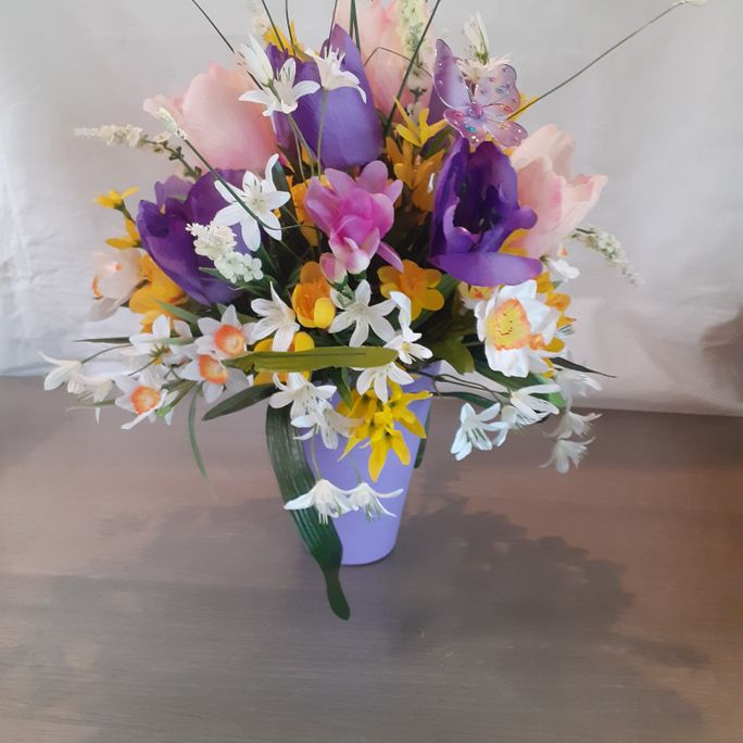Spring Flowers Silk All over Arrangement in a lilac Terracotta Pot 