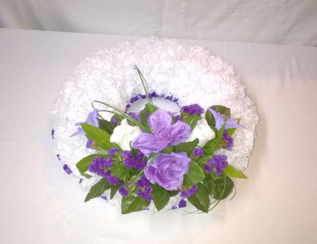 Purple & white silk flowers Funeral wreath